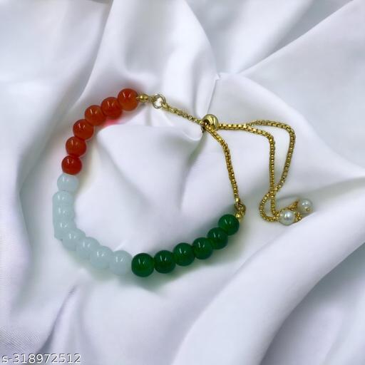 ADF - Tricolour (Tiranga) Green/White/Orange Independence day Onyx Bead with Adjustable long Chain Bracelet for Girls and Women.