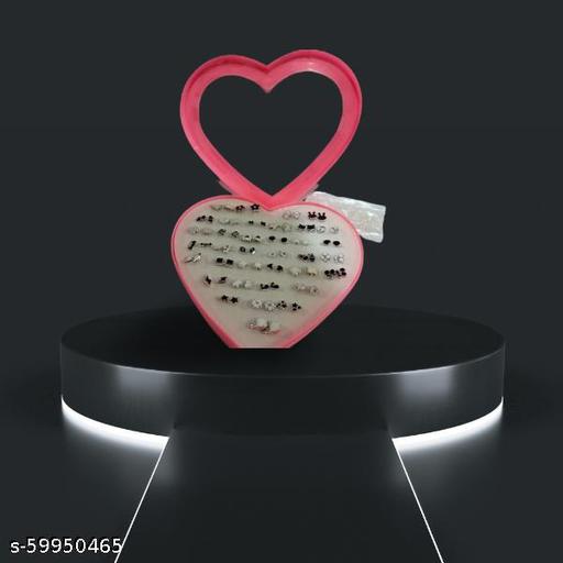 Honbon Fashionable Black And White Color Non Precious Metal Base Metal Crystal Latest Heart Box Design Stud Earrings for Girls (Pack of 36)