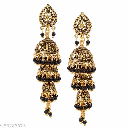 Fashion Frill Ethnic Party Wear Black Coloured Light Weighted 3 Step Jhumki Earring For Girls / Women