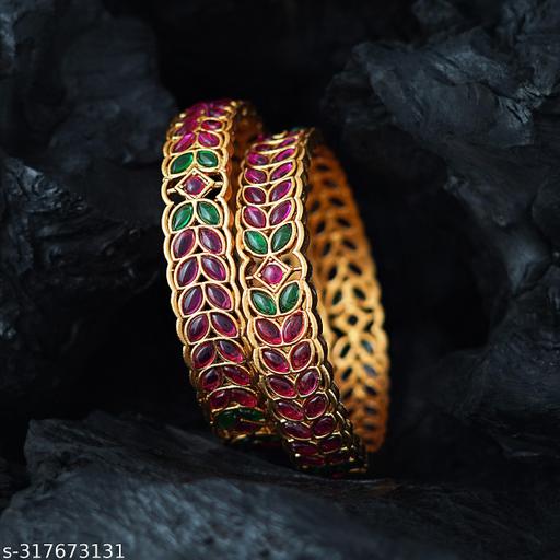 Mansiyaorange Two South Indian Temple Theme Red Green Kempu Stone Matte Gold Plated Bangles For Women