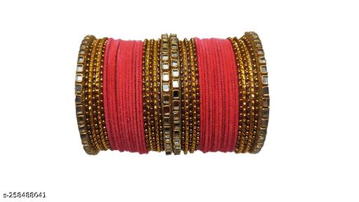 Pink Fancy Designer Traditional Velvet Metal Bangles Set For Women And Girls