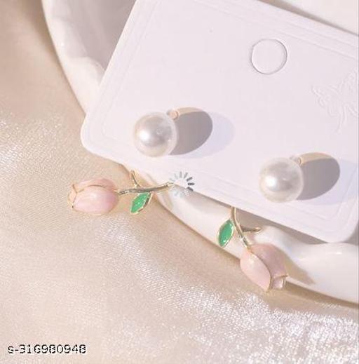 New Korean Gold Plated Flower And Pearl Decor Earrings For Women & GirlsEarrings & Studs