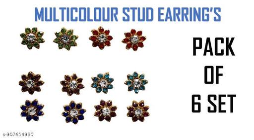 Women Casual Office Party Occasion Wear Fashion Stud Earrings Flower Patter Multicolor Pack of 6