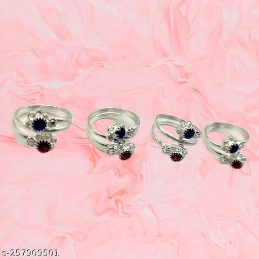 Chic and Trendy Red and Blue Color Studded Nug Toe Ring for Fashion-Forward Women ( Set of 4 Pcs)