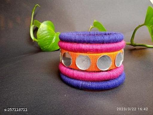 Orangle, Blue, Pink combination mirror work bangles set