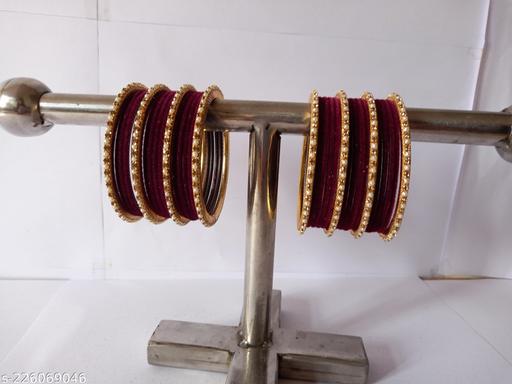 WINE Color Bangles set ( WINE velvet bangles and brass moti pearl choodi bangle set)