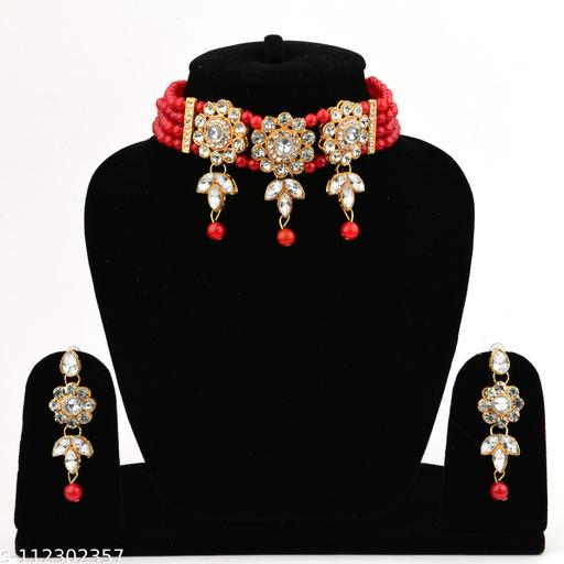 Delightful-Wedding-Jewellery-Set-For-Women-with-Necklace-&-earrings-(Red-with-3-pandent)