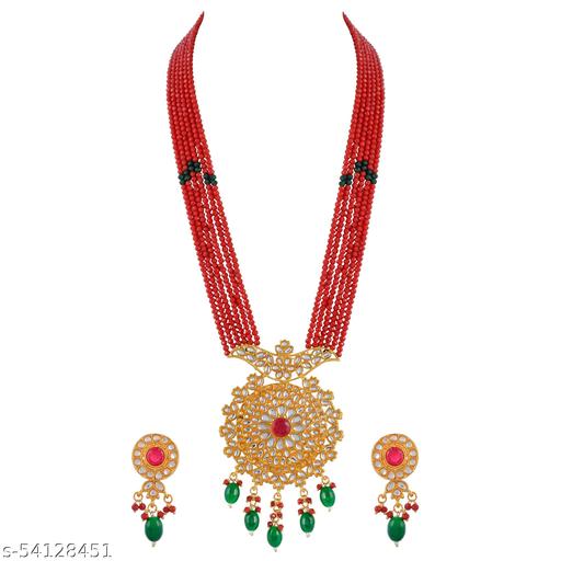 Elevate-your-look-with-our-mesmerizing-Kundan-Pendant-Beaded-Long-Necklace-Set.-Embellished-with-exquisite-Kundan-work,-the-pendant-and-beads-exude-opulence-and-grace.-A-versatile-ensemble-to-make-every-moment-special-in-Red
