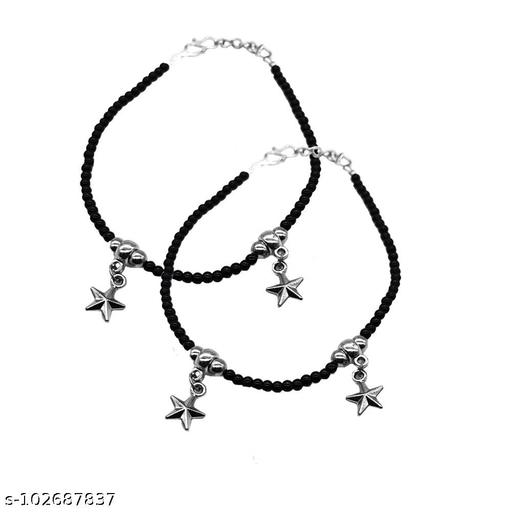 Premium Quality German Silver Partywear Black Matri 2 Star Charm Pair of Najariya Anklet for Women and Girls