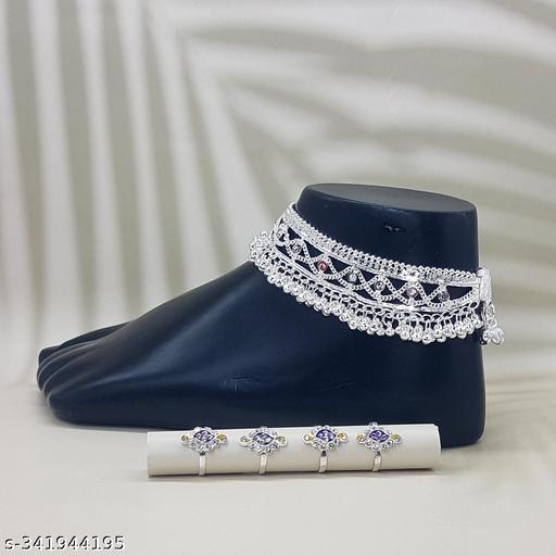 Bejeweled Gota Chandi Anklet For Women and Girls & 4 pc toe reng free