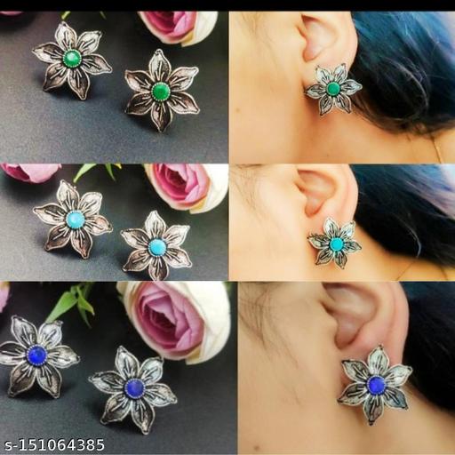 Oxidized Silver Fancy Stud Earrings Traditional Sterling Silver Brass Stud Earring for women and girls