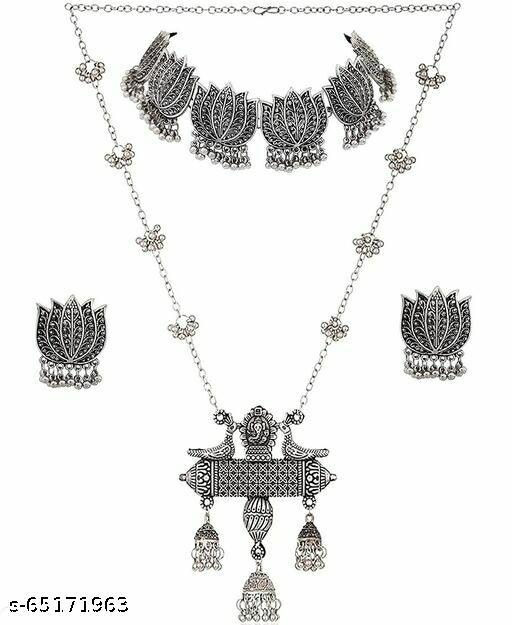 Banjara-Elegance-Silver-Oxidized-Choker-Necklace-&-Chain-Pendant-Combo-Set