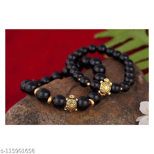 S Five Ever Gold-Plated Tortoise and 8mm Round Black Onyx Reiki Healing Bracelet for Couple
