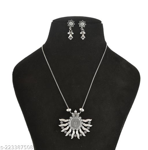 Oxidised-Silver-Plated-Pendant-Chain-Earrings-Set-Jewellery-Set