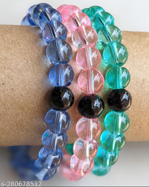 Pink,Blue, Bottle Green glossy Beads Bracelet 8mm