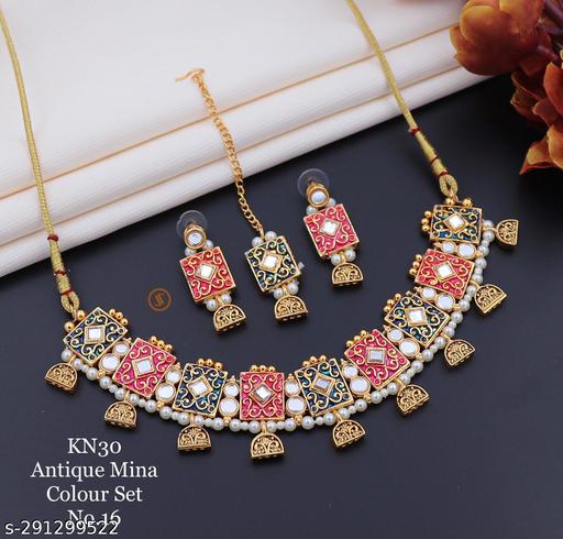 Rhodium-Plated-Necklace-Set-With-Red-&-Green-Color-Kundan