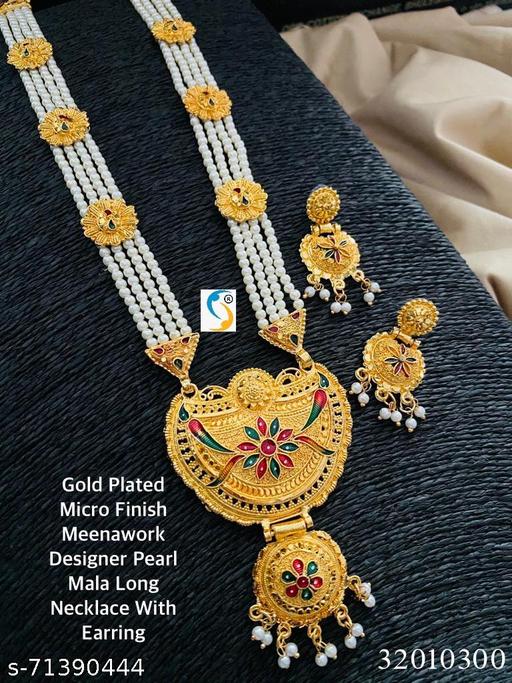 GOLD-PLATED-MICRO-FINISH-FLOWER-MEENAWORK-PEARL-MALA-LONG-SET-WITH-EARRING