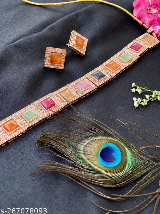 Women-Trending-American-Diamond-Chocker-Necklace-Set-With-Earrings