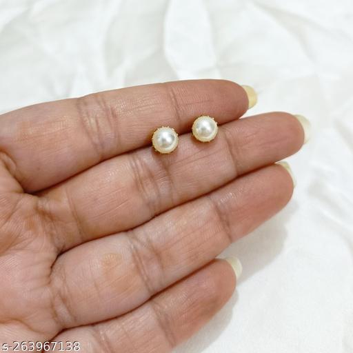 Small Size Gold Plated Pearl Earrings For Girls / Ladies / Womens Premium Quality ( White )