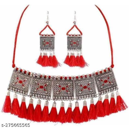 Shining-Oxidised-Red-Tassel-Choker-Jewellery-Sets