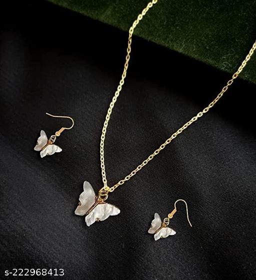 Fancy Butterfly Loket Chain Pendant Necklace With Earrings for Women and Girls Jewellery Set
