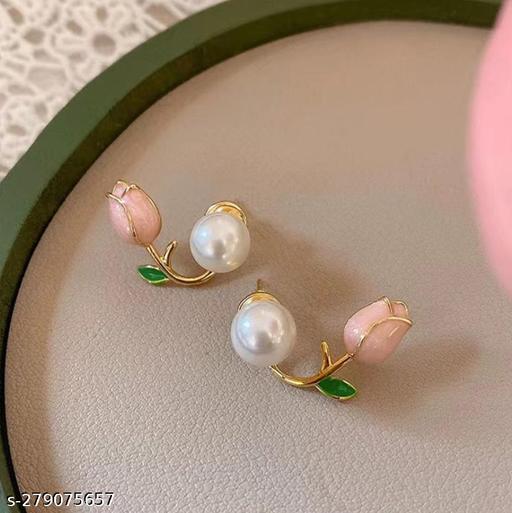 Lotus Pearl Flower Earrings Ear cuffs studs for Women & Girls Fancy trendy stylish ear ring Korean Western Party Light Weight Earring