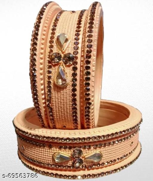 RADHIKAA FASHIONS Jaipuriya Stylish Crystal Design Work Lac Bangles Pack of 6 (Cream Color)