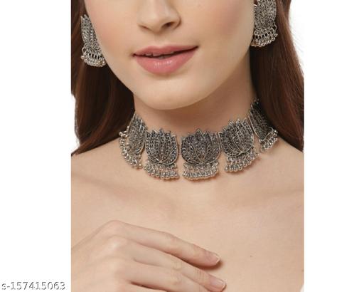 Silver-Oxidised-Necklace-Set-with-Earrings-Floral-Design-Garba-Ethnic-Style-Navratri-Style-Diwali-Celebration-Ethnic-Wedding-Style-New-Trend-Afghani-Jewellery-Retro-Style-For-Women-&-Girls