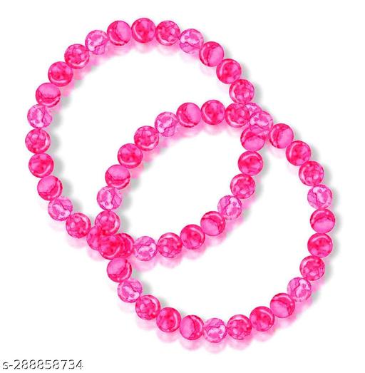 (Pack Of 2 Pcs) Stretchable Pink Color 8mm Moti Pearl Bead Natural Feng-Shui Healing Howlite Crystal Gem Marble Stone Wrist Band Elastic Bracelet For Boy's And Girl's