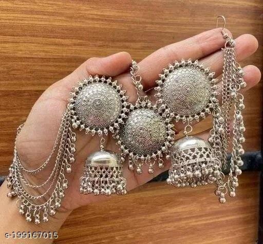 Bharosa-Kashmiri-Trible-Mangtika-&-Jhumka-Earrings-Set-(Silver)-Jewellery-Set