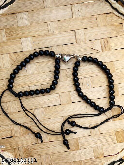 I Love You 2 Pcs Magnetic Valentine's Day Mutual Attraction Broken Heart Romantic Love Couples Friendship Promise 2 in 1 Duo Wrist Band Cuff 6mm Beads Stone Black Moti/Pearl Bracelet