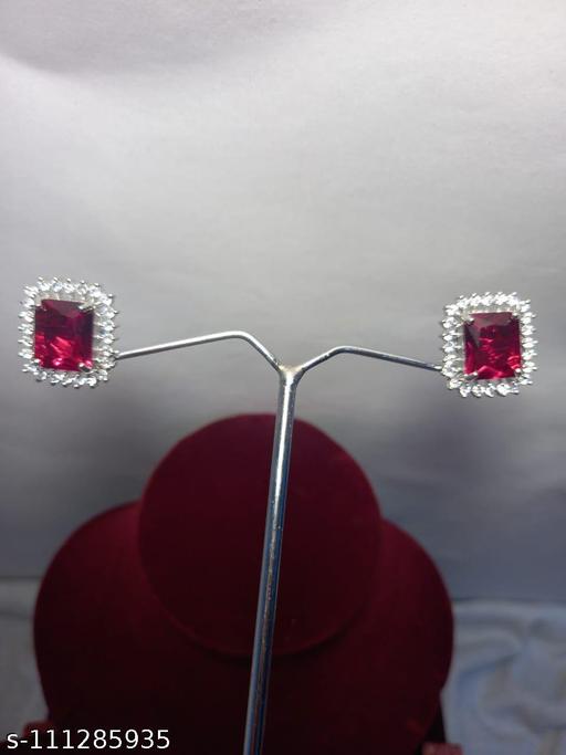 Square Shape American Diamond Ruby Studs Set