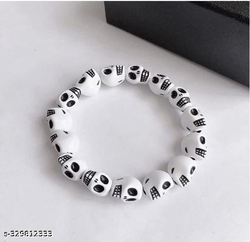 Honbon Skull Skeleton Bracelets for Men & Boys White Wrist Cuff Bracelet,fashionable Stretchy Skull Bracelet for Halloween,Partywear and CasualWear for Women and Men(Pack of 4)