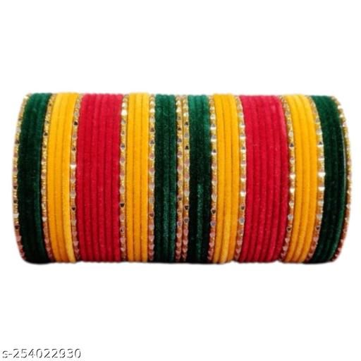 Multicolor Red Yellow Green Velvet Metal Bangles Set For Women
