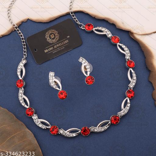 VISAMART-Red-Stone-White-gold-Necklace-with-White-Gems-Jewelry-Set-with-A-pair-of-Earrings-for-Women-and-girls