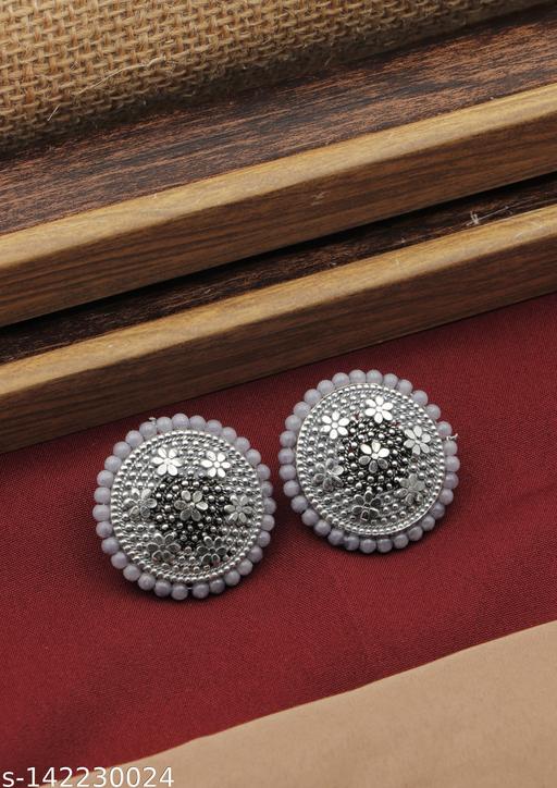 Traditional Floral Shaped Minimal Beaded Twol Color Oxidised Stud Earrings for Women & Girls