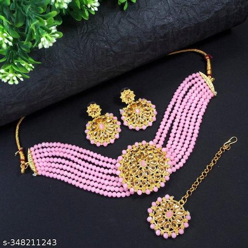Handmade-Babypink-Choker-Necklace-Set-With-Earrings-For-Women-And-Girls
