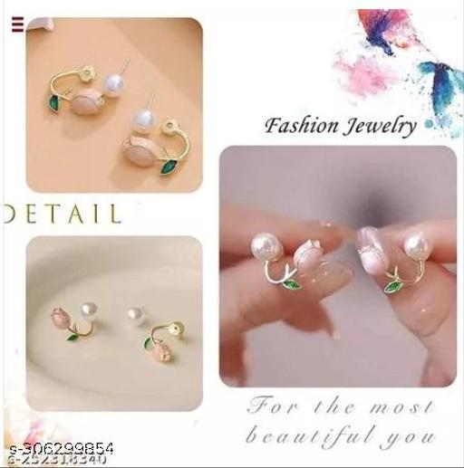 PolluxCraft Cute Tulip Flower Rose Stud Earrings Korean Front And Back Earring for Woman & Girls