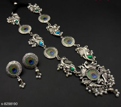 New-Oxidised-Silver-Plated-Peacock-Print-Green-Necklace-Earrings-Set-For-Women's-And-Girl's-(Pack-Of-1)