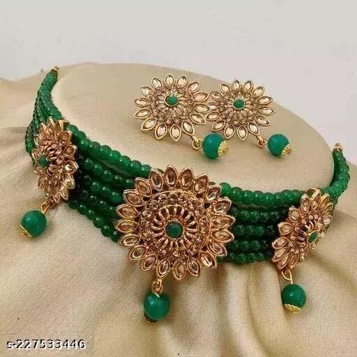 MicroBirdss-Latest-Gold-Plated-Sparkling-Pearls-Traditional-Necklace-Set-(Green)