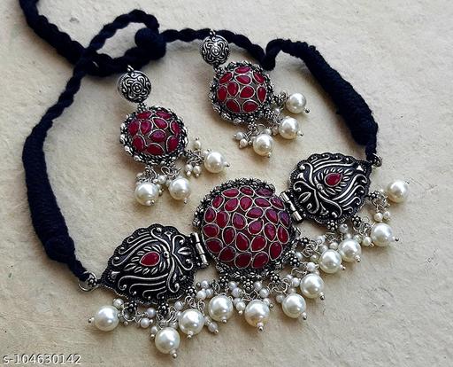 Oxidised-Jewellery-Set-/-Necklace-With-Earrings-for-Girls-and-Women-(-Ruby)