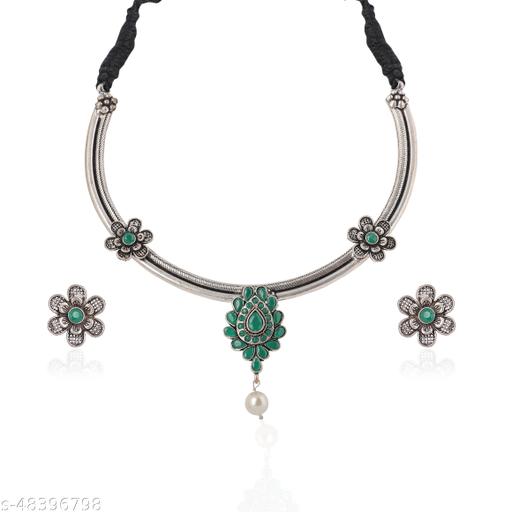 LAXMIT's-Silver-Oxidized-Green-Petal-Design-Necklace-with-Earring-set-for-Women