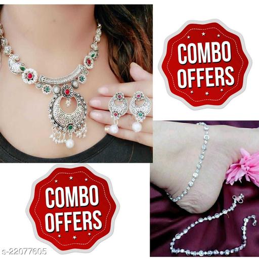 Om's-New-Stylish-Woman-Oxodised-Silver-Jewellary-set-&-silver-Anklets-combo