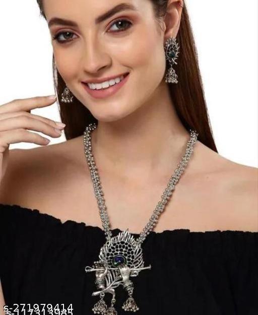 Name:-Silver-Oxidised-Designer-Jewellery-Krishna-Flute-Necklace-Set-for-Women-&-Girls