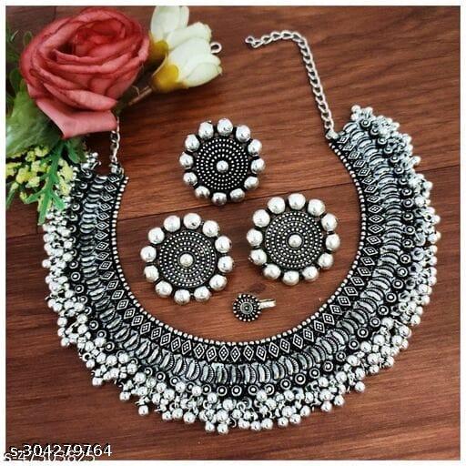 Classic-Oxidised-Ghungroo-Pattern-Indian-Silver-Plated-Choker-Necklace-Set-With-Earrings-For-Women-|-Boho-Hippie-Jewellery-|-Oxidised-Jewellery-|-German-Silver-Toned-Tribal-Jewellery