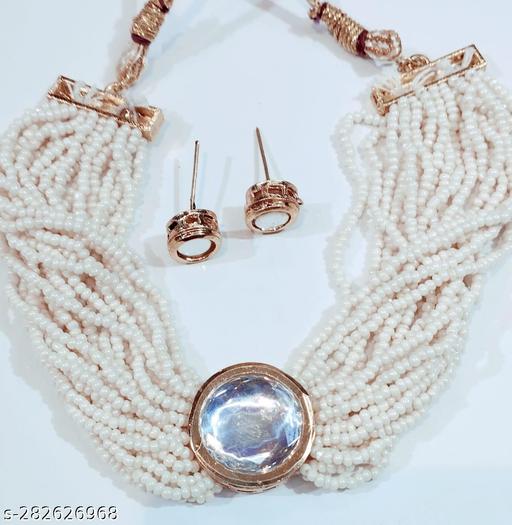 Purna-Jewellers-White-Pearl-Gold-Plated-Kundan-Jewellery-Set-with-A-Pair-of-Earrings-for-Mehndi,-Haldi,-Wedding,-Godbharai,-Festive-White-Golden