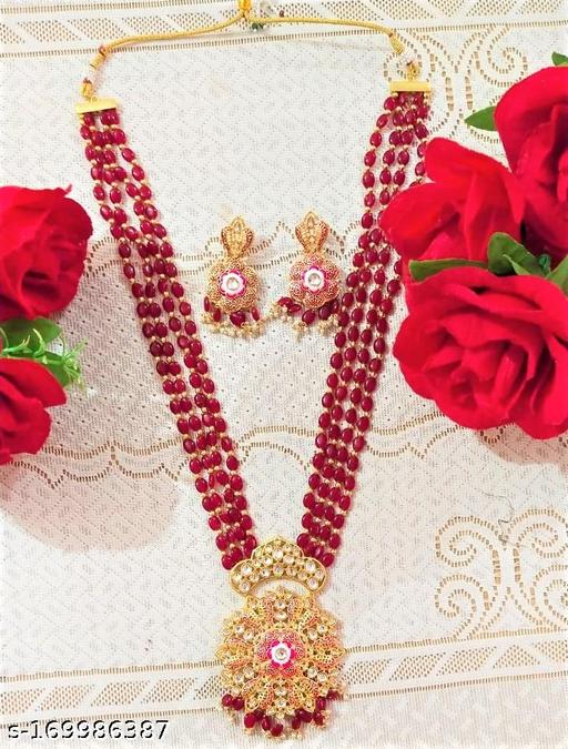 Long-Red-Pearl-/-Stone-Gold-Plated-Kundan-Rani-Haar-With-Earring-Pair---230901