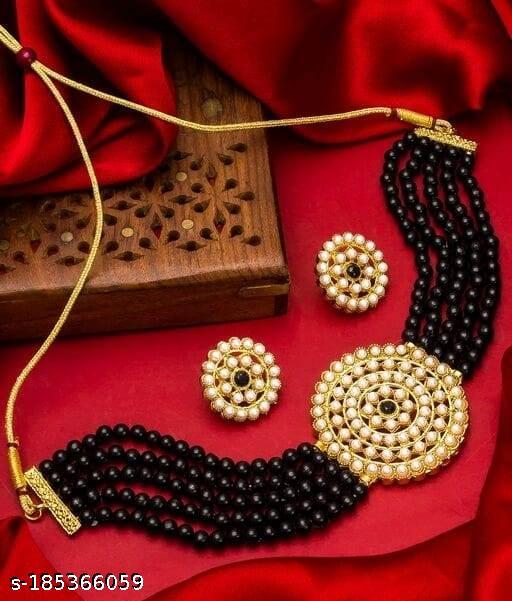 Exotic-Fancy-Black-Moti-Choker-With-Earrings-Jewellery-Set
