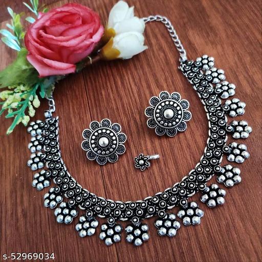 Premium-Quality-German-Silver-Oxidised-Necklace-set-with-Beautiful-Earrings,-Ring,-Nosepin