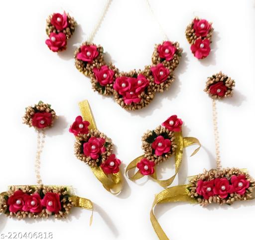 Pink-golden-flower-jewellery-for-baby-shower-and-Haldi-for-wedding-jewellery-set